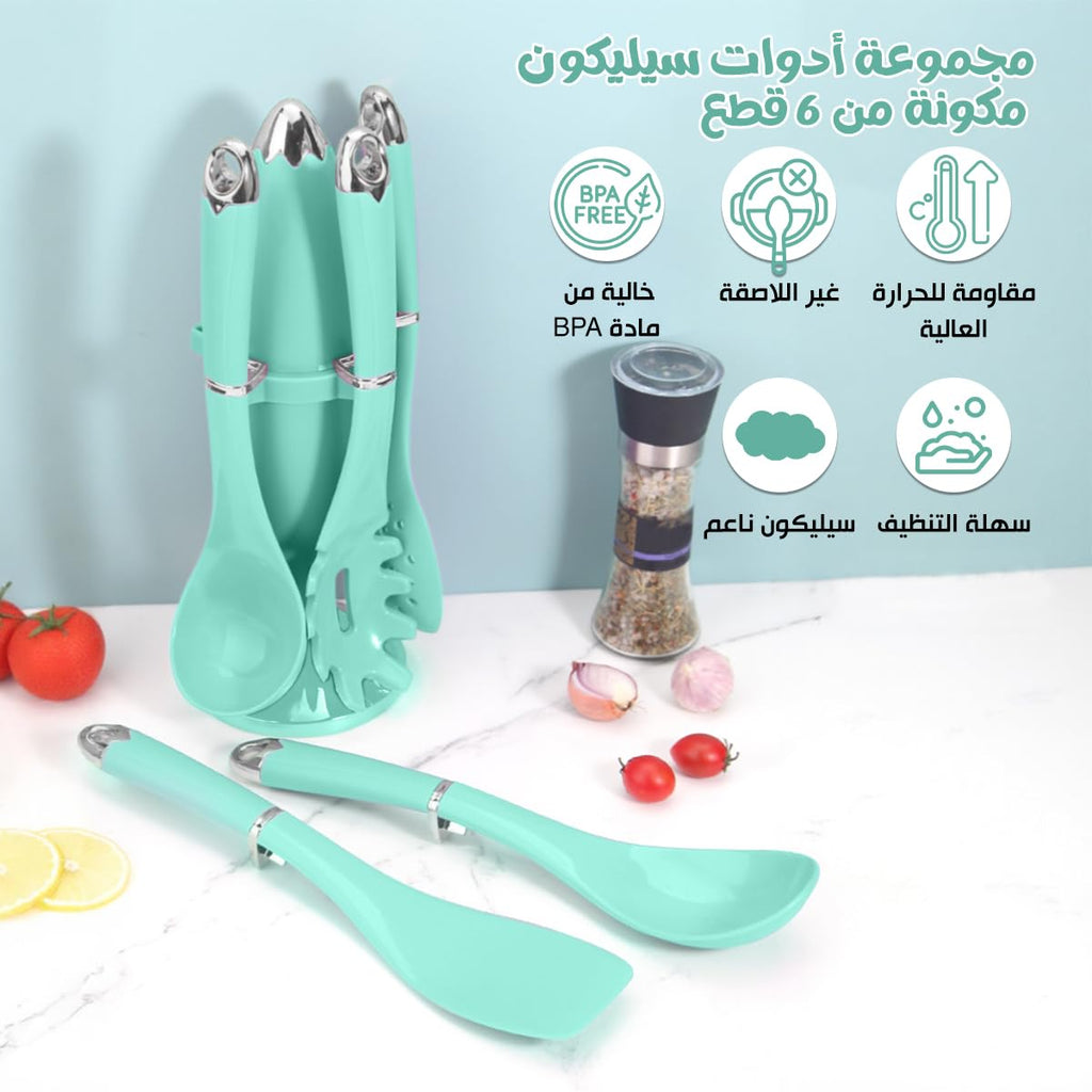 Kitchen Utensils, Silicone Cooking Utensils with Holder, Non-stick Cookware Friendly & Heat Resistant, Kitchen Silicone Set 6-Piece, Modern Design (Green) - image 2
