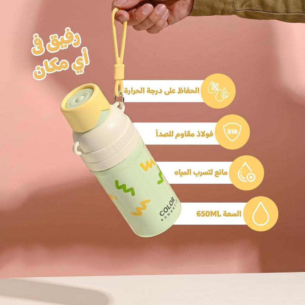 Water Bottle 650ml Stainless Steel with Straw Lid and Carry Handle Double Wall Vacuum Insulated Leakproof BPA-Free Travel Flask Hot Cold Green F-1545 - image 2