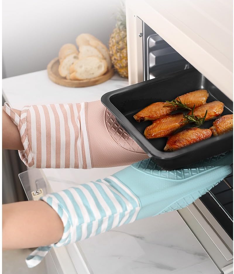Oven Mitt, Heat-Resistant Silicone Kitchen Glove with Non-Slip Grip and Cotton Lining, Washable Cooking and Baking Hand Protector for BBQ and Home Use, Blue - image 4