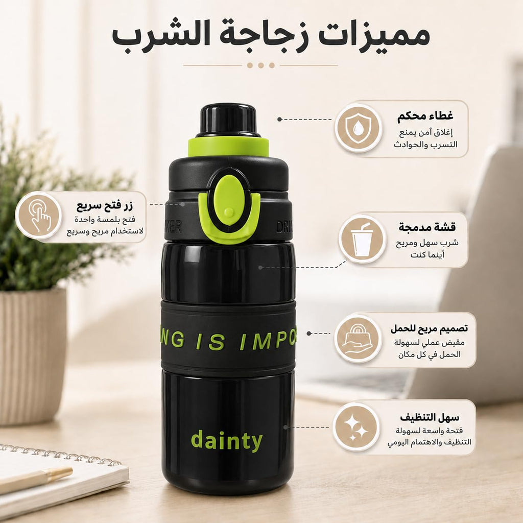 Water Bottle 500ml with Straw, BPA-Free Lightweight Plastic Sports Bottle with Leak-Resistant Lid for School, Gym, Fitness, Outdoor and Travel, FL-1315, Black - image 2
