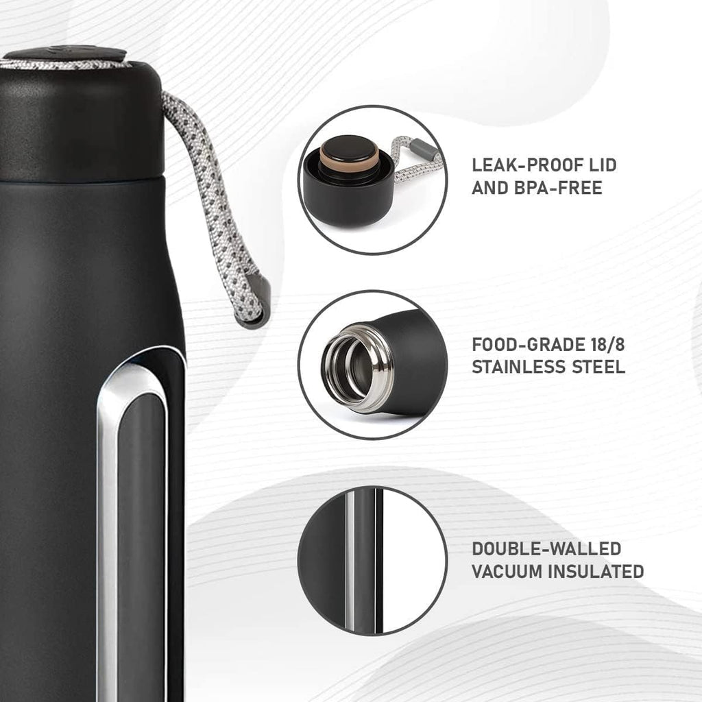 Water Bottle 500ml Stainless Steel Vacuum Insulated Thermal Flask, Double-Wall Leak-Proof Wide-Mouth BPA-Free for Hot Cold Drinks Gym Travel, Black - image 3