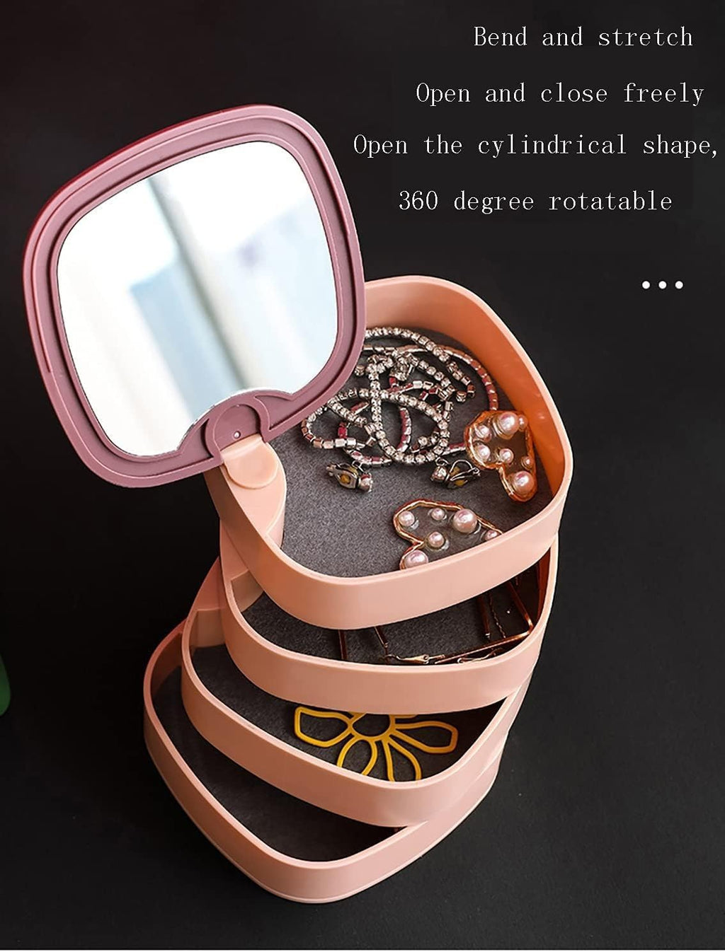Jewelry Box Organizer, 4-Layer 360° Rotating Storage Case with Mirror and Dustproof Lid for Rings, Earrings, Bracelets and Necklaces, LD-688, Blue - image 4