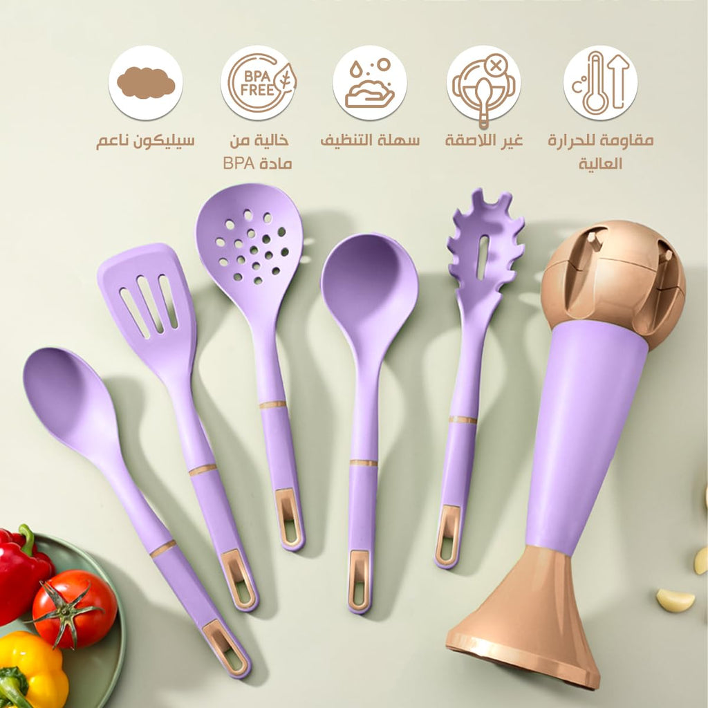 Silicone Kitchen Utensil Set, 6-Piece Heat-Resistant Non-Scratch Cooking Tools with Holder and Metal Handles for Nonstick Cookware, Purple - image 2