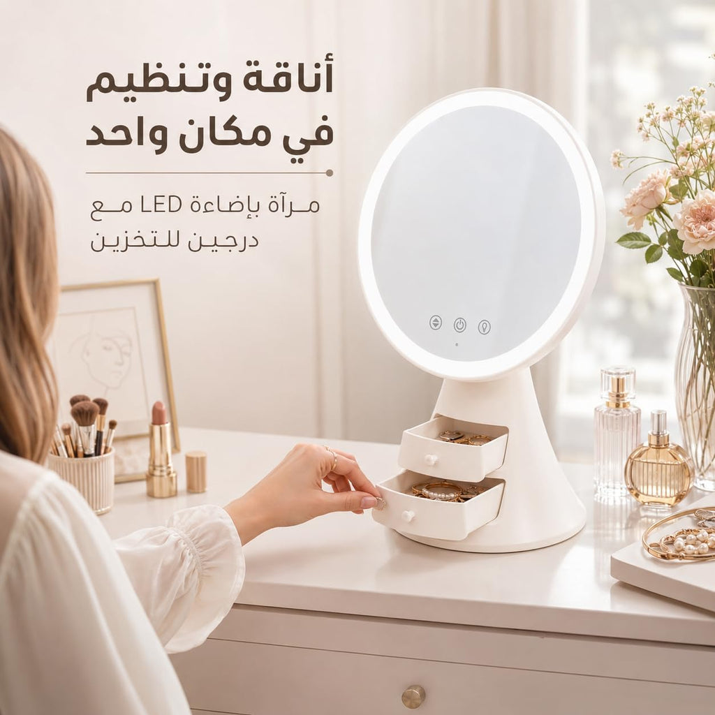LED Makeup Mirror with Organizer, Desktop Vanity Mirror with Touch Control, 3 Light Modes and Adjustable Angle, Easy-Clean Tabletop Cosmetic Storage Box for Women and Girls, X-611 - image 7