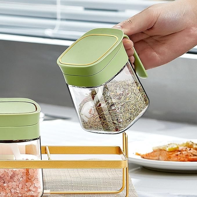 Spice Jar with Spoon 300ml, Airtight Glass Seasoning Container with Lid for Salt, Sugar, Herbs, Pepper and Kitchen Countertop Storage (Green) - image 4
