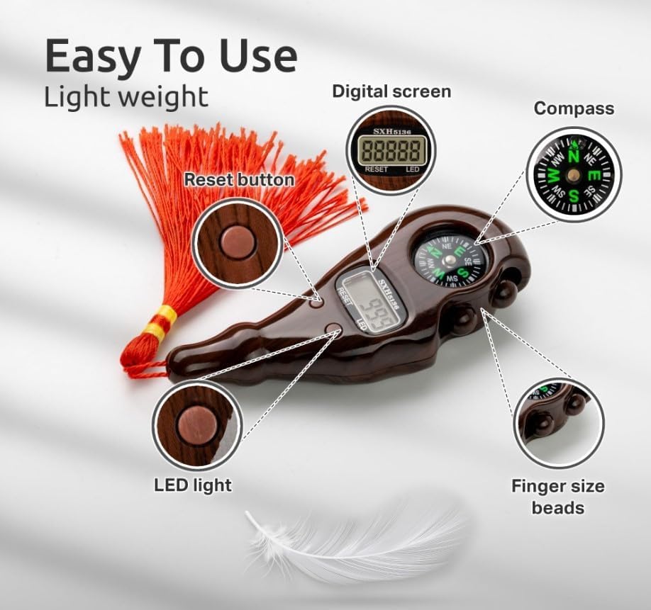 Digital Tasbih Counter, Portable Electronic Rosary and Finger Tally with Compass, Night Light, 5-Digit Display, Reset Button for Dhikr, Prayer, Mosque and Travel, SXH-5136, Beige - image 2