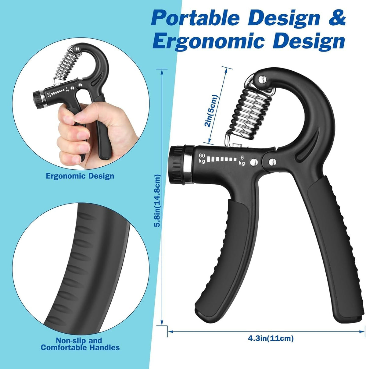 Hand Grip Strengthener, Adjustable Resistance Grip Trainer for Forearm, Wrist and Finger Exercise, Portable Hand Exerciser for Men and Women, Black - image 3