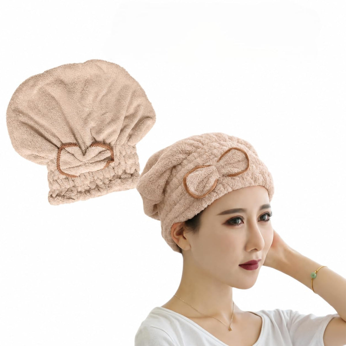 Hair Drying Towel - Microfiber Quick Dry Turban Cap for Wet & Curly Hair, Heat Protection Lightweight Soft Bath Wrap for Women & Girls Salon (Beige) - image 1