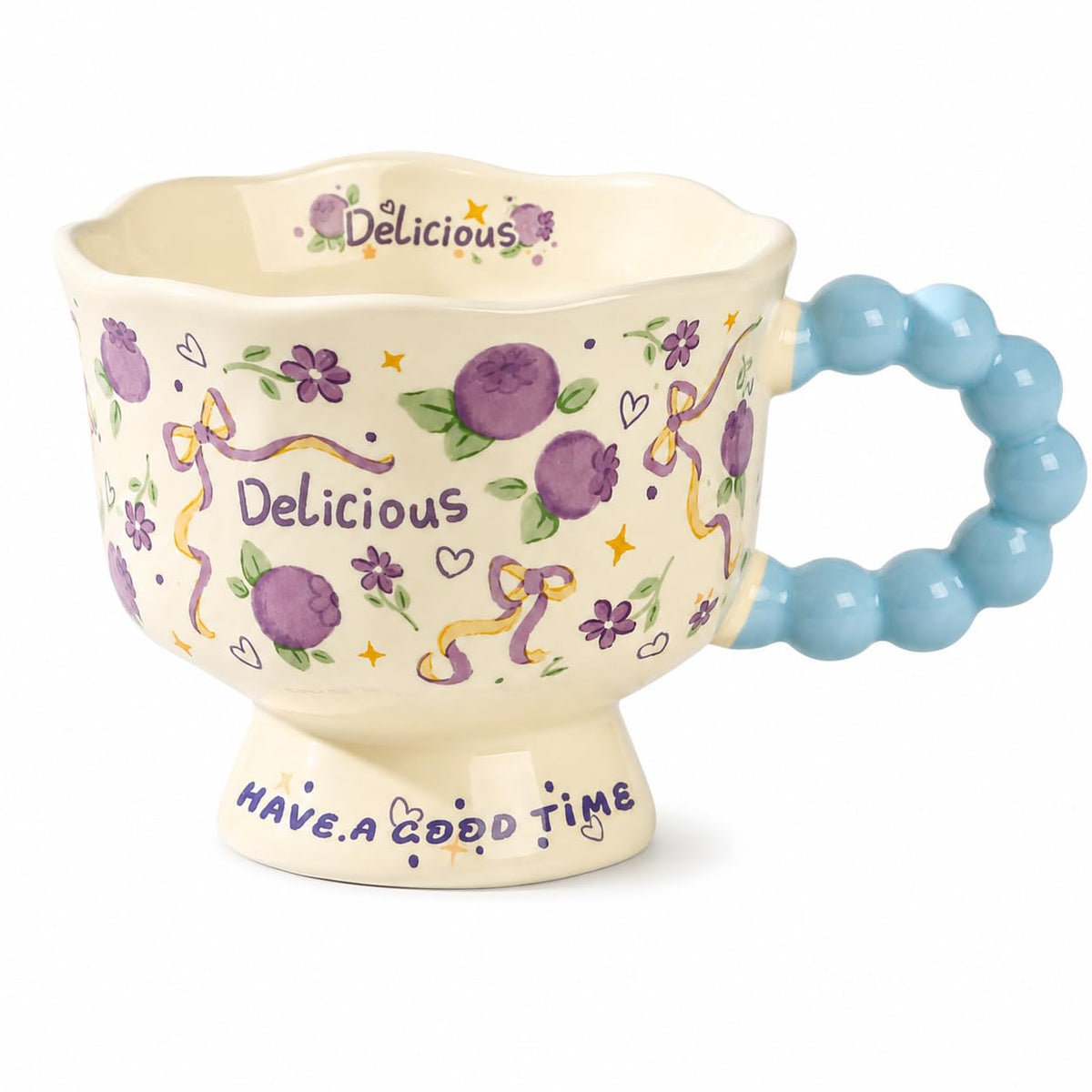 Ceramic Mug 340 ml for Coffee and Tea, Decorative Glazed Cup with Scalloped Rim, Beaded Handle and Stable Pedestal Base for Hot Drinks, TT-2533, Berry - image 1
