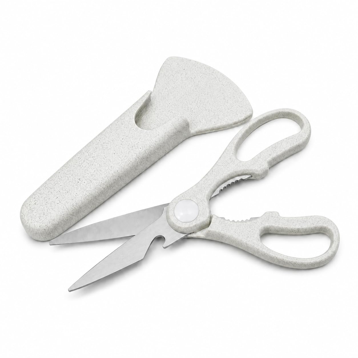 Kitchen Scissors, Stainless Steel Multipurpose Shears with Magnetic Protective Cover, Nutcracker, Bottle Opener and Ergonomic ABS Handles for Meat, Poultry, Herbs and Vegetables, S-233 (White) - image 1