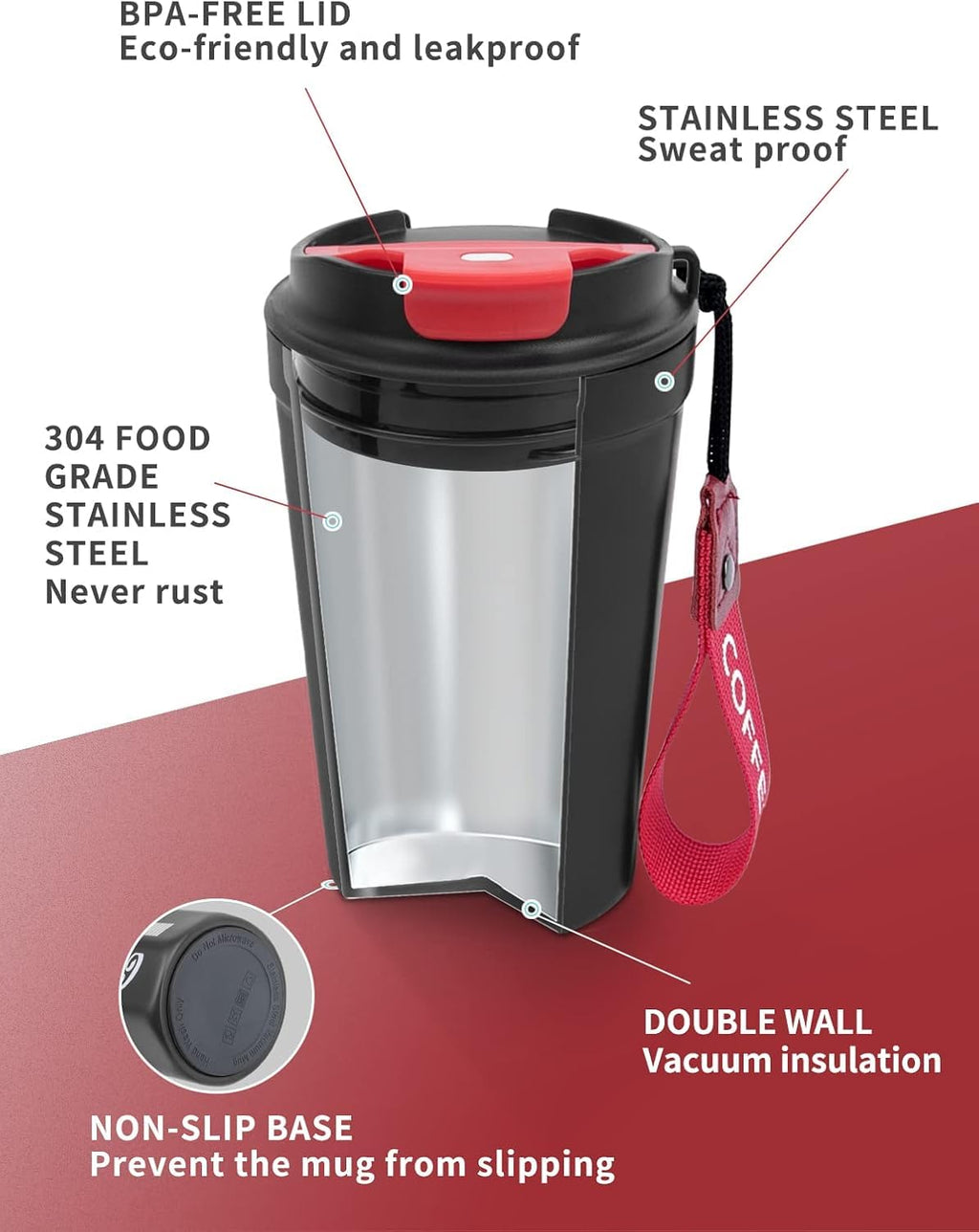 Coffee Cup with Lid Leak proof, Thermal coffee mug 380 ml, Double Wall Stainless Steel Insulated Travel Mug for Hot or Cold Drinks (Black) - image 3