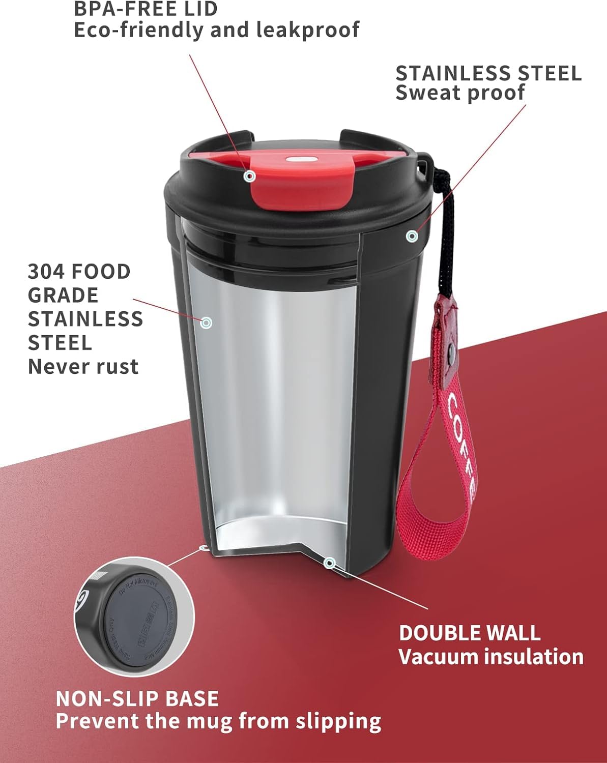 Coffee Cup with Lid Leak proof, Thermal coffee mug 380 ml, Double Wall Stainless Steel Insulated Travel Mug for Hot or Cold Drinks (Black) - image 3