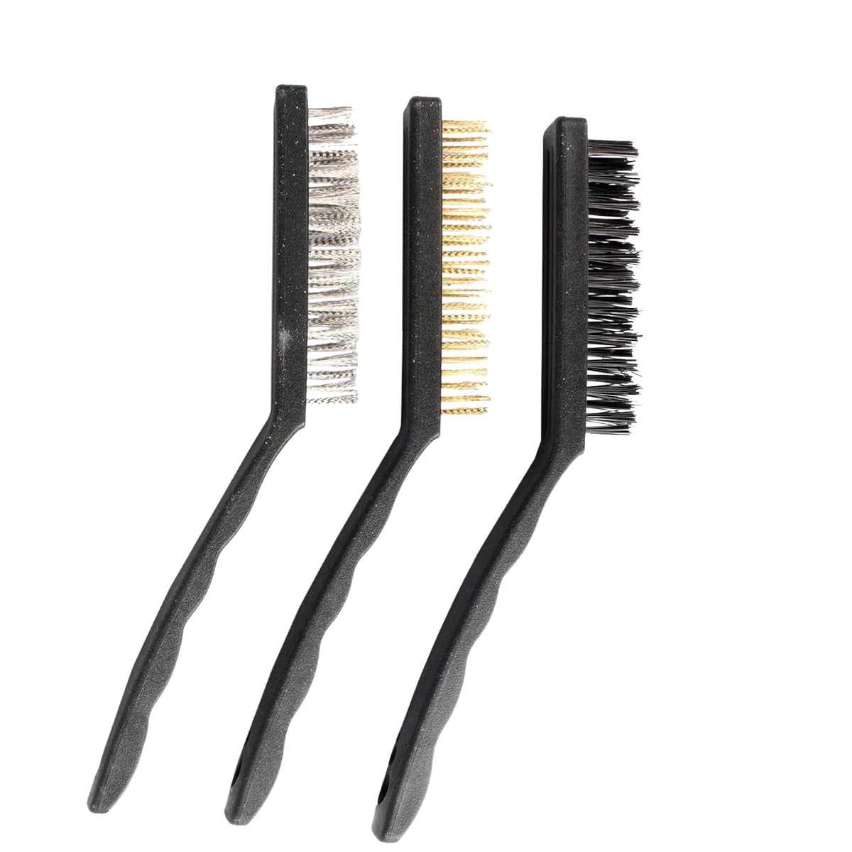 Wire Brush Set 3 Piece Curved Handle Nylon Brass Stainless Steel Bristles Cleaning Kit for Rust Paint Stain Removal Metal Grill Kitchen Workshop Black - image 1