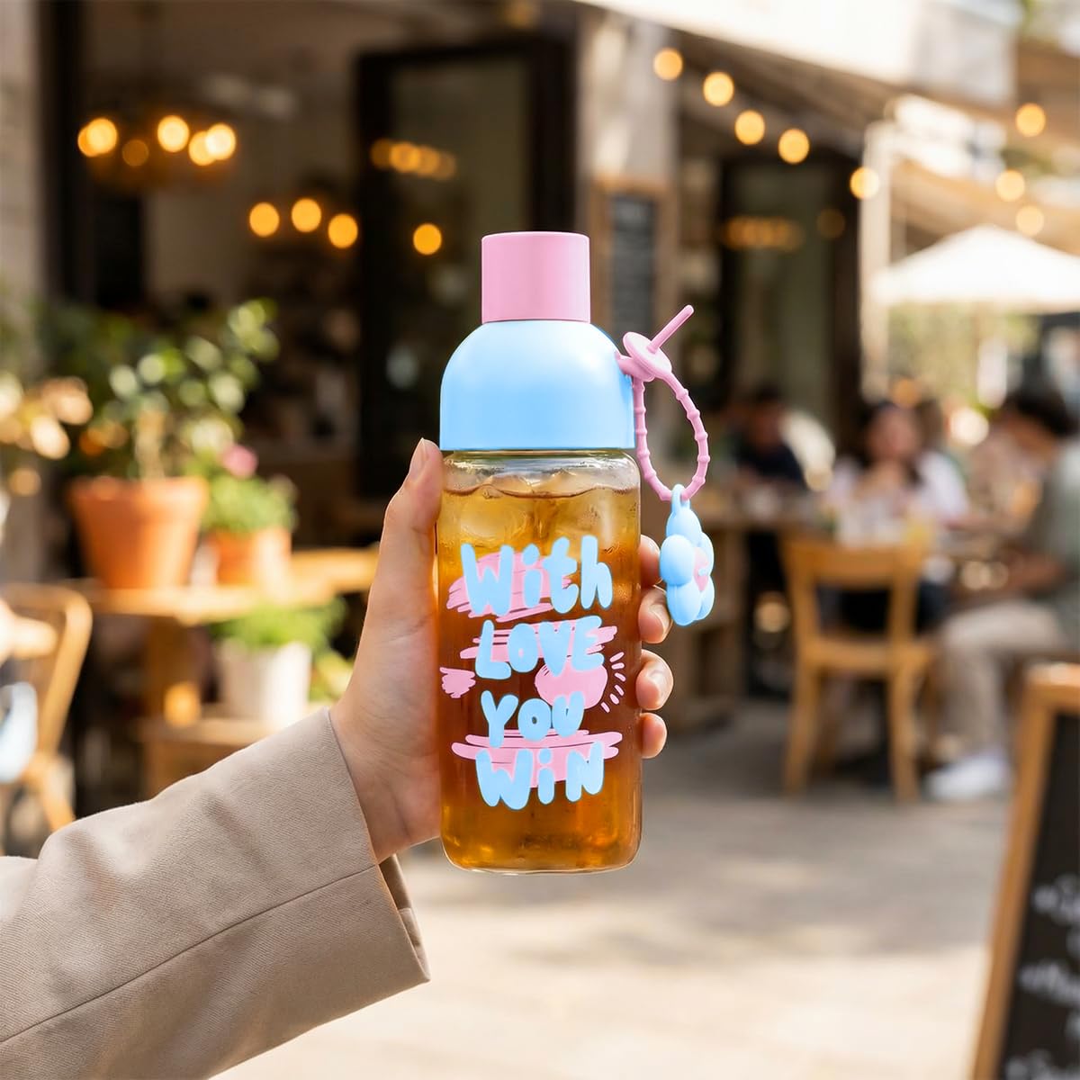 Water Bottle Glass 450 ml with Strainer, Leak-Proof BPA-Free Cute Infuser Cup with Easy-Grip Lid for Tea, Juice and Milk, Indoor and Outdoor, GG-2538 (Pink, blue) - image 7