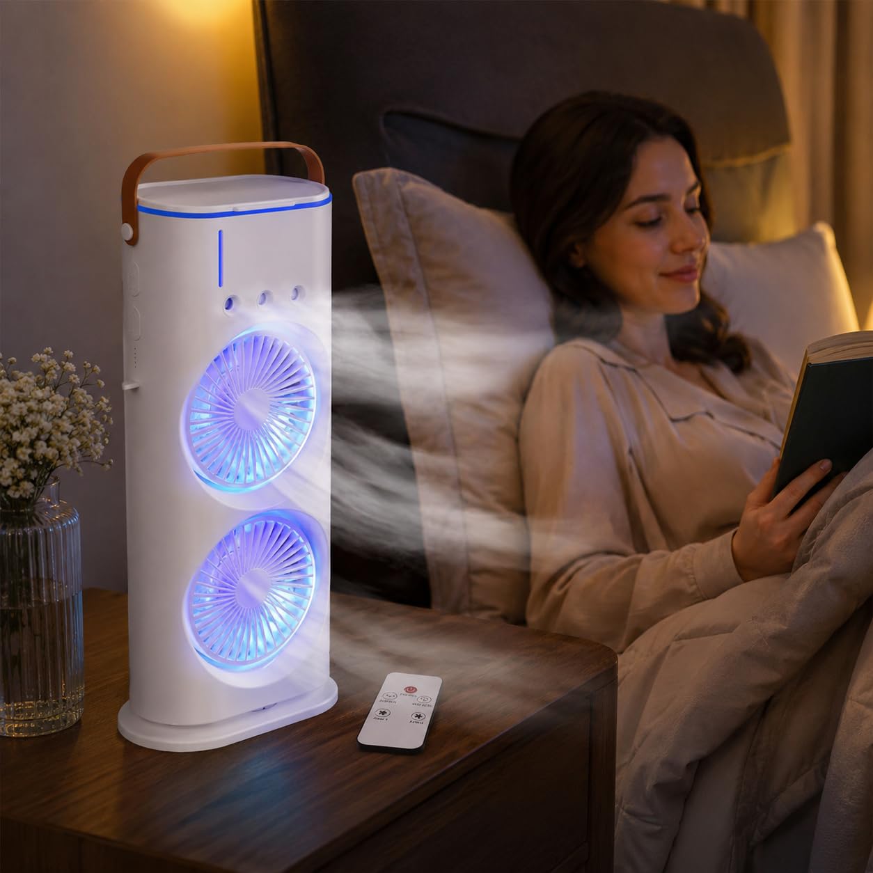 Desk Fan with Mist Spray, Portable USB Rechargeable Double Head Cooling Fan, 3 Speeds, Adjustable Angle and Remote Control for Home, Office and Travel, T-559 - image 7