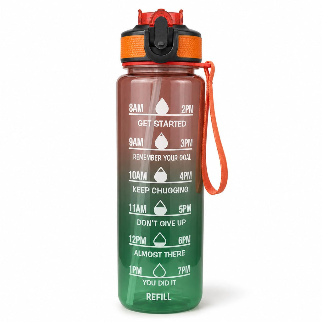 Water Bottle 1 Litre with Time Markings, Leak-Resistant Reusable Sports Drinking Bottle with Carry Handle for Gym, School, Work and Travel, FL-1263, Orange & Green - image 1