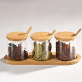 Glass Spice Jar Set of 3, 320ML Clear Seasoning Containers with Bamboo Lids Spoons and Base for Salt Sugar Spices Herbs Tea Coffee Bar Kitchen - image 1