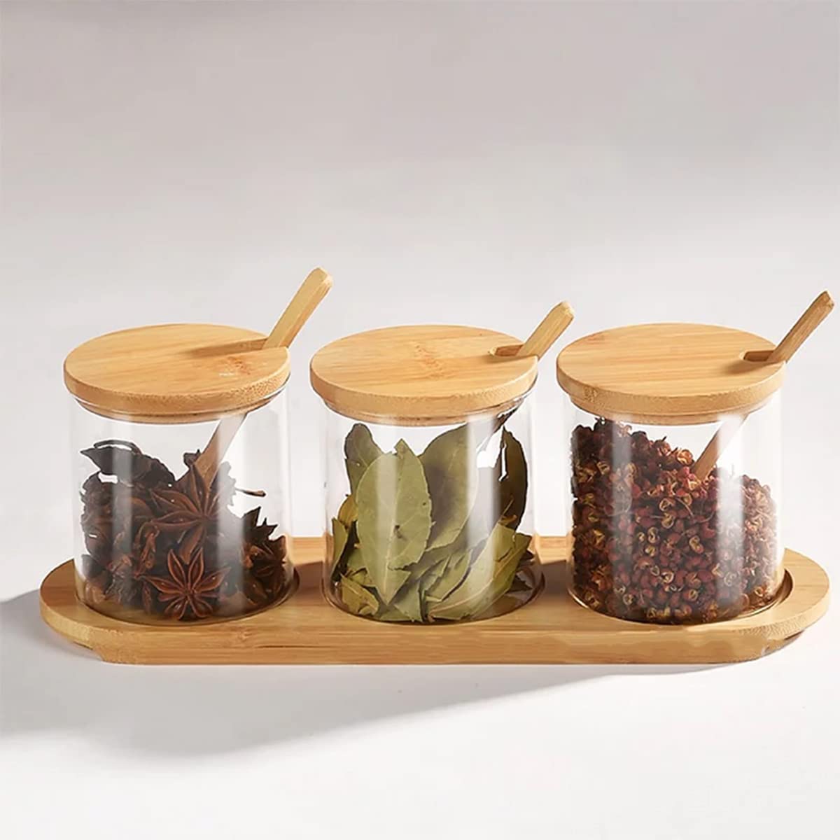 Spice Jar Set of 3, 320ml Glass Seasoning Containers with Bamboo Lids, Spoons and Storage Base for Salt, Sugar, Coffee, Tea and Kitchen Counter - image 6