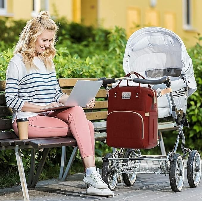 Diaper Bag Backpack with Bassinet, Travel Baby Bed Changing Station, Large Capacity Waterproof Maternity Bag, Portable Baby Crib for Mom and Dad (Red) - image 6