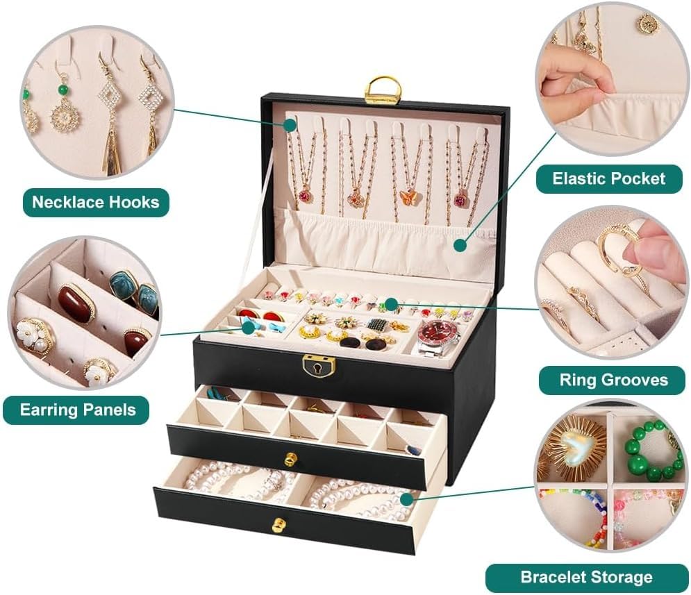 Accessories Organizer for Women, Travel Jewelry Box, 3-Layer Locking Jewelry Storage Case for Earrings, Bracelets, Rings, Watches, Brown - image 2