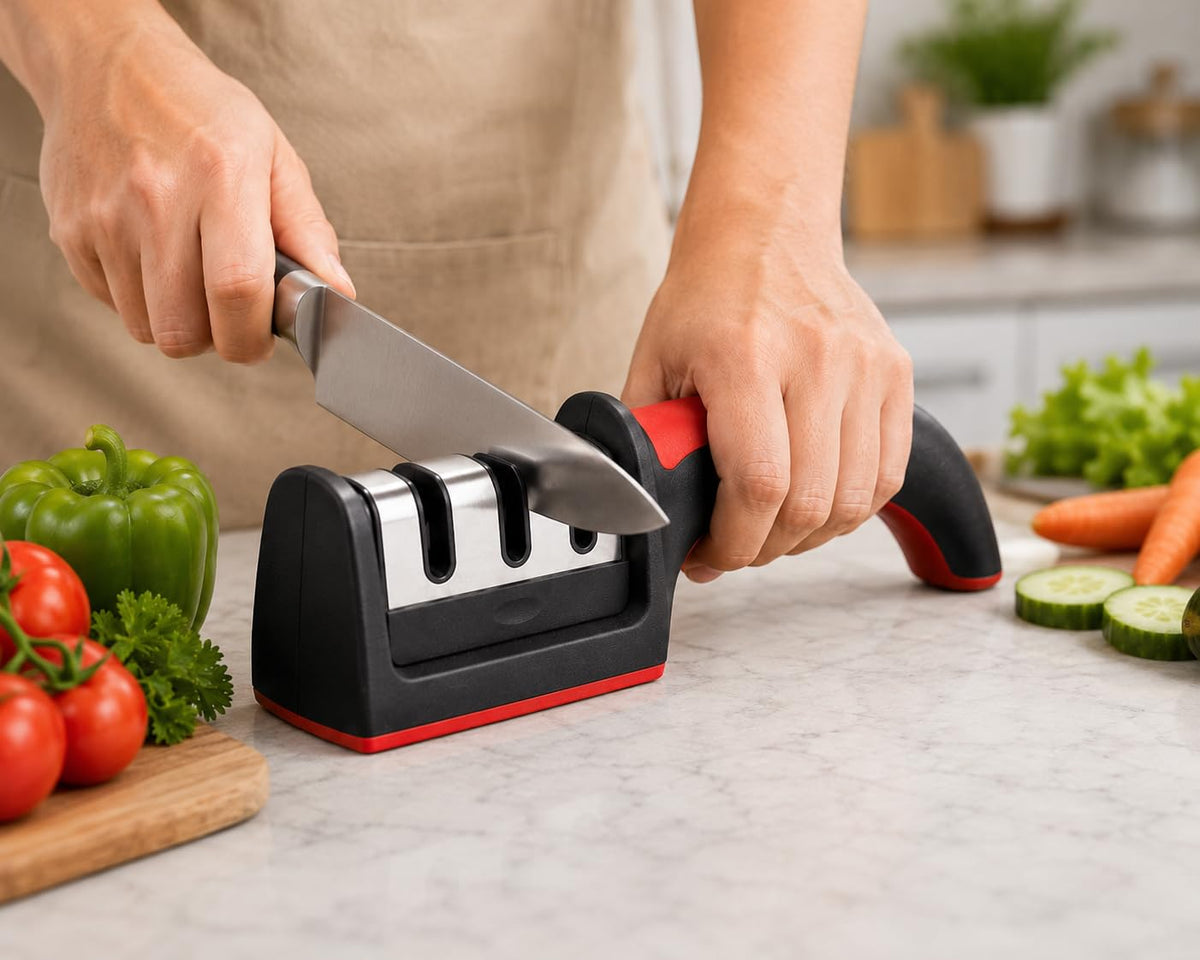 Knife Sharpener 3-in-1, Manual Stainless Steel Sharpening Tool for Kitchen Knives and Scissors with Non-Slip Ergonomic Handle, Black, H-145 - image 6