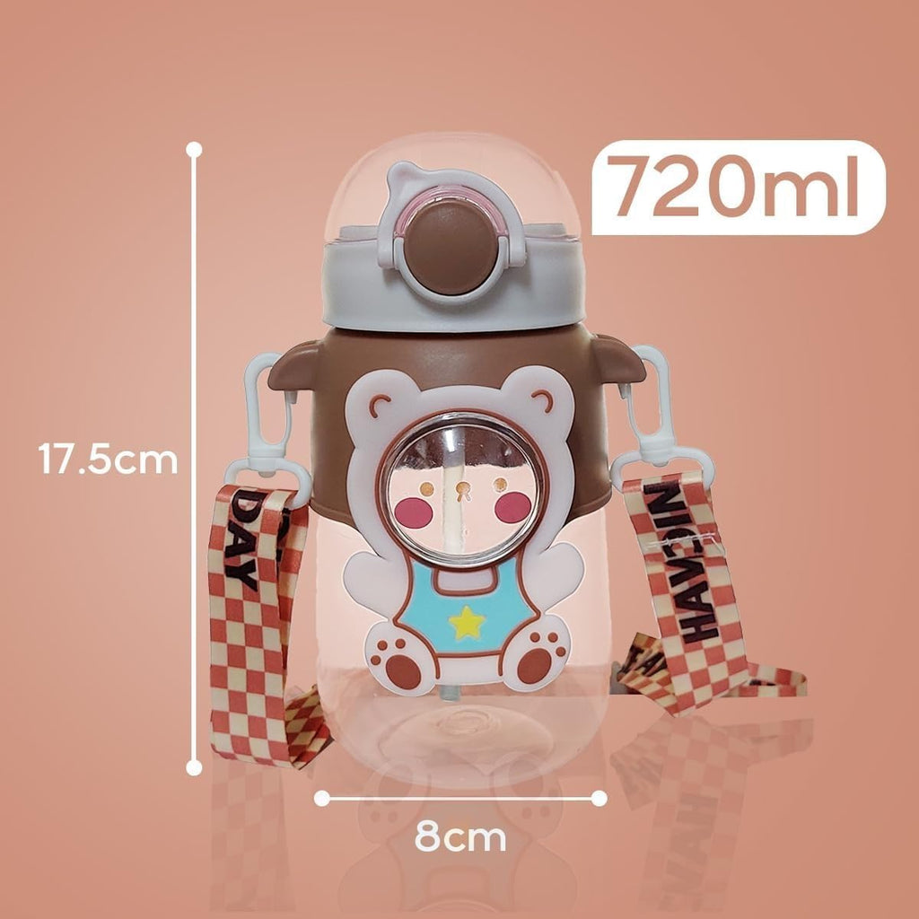 Water Bottle with Straw and Strap, 720ml Leakproof BPA Free Plastic Drinking Cup for Kids, School, Sports and Travel (Brown) - image 5