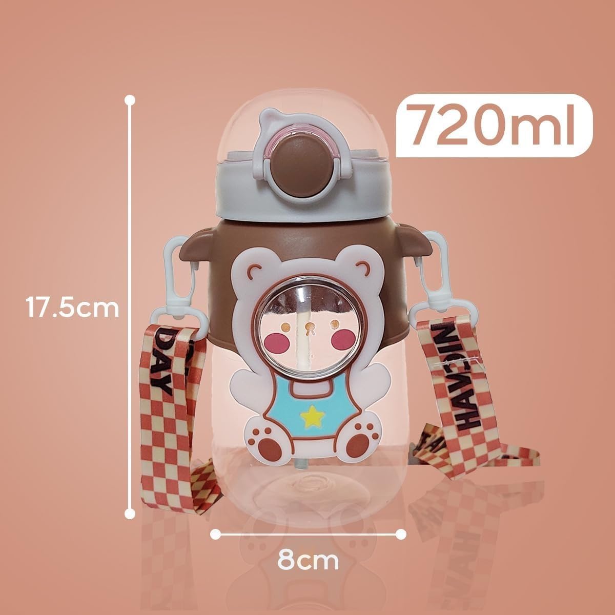 Water Bottle with Straw and Strap, 720ml Leakproof BPA Free Plastic Drinking Cup for Kids, School, Sports and Travel (Brown) - image 5
