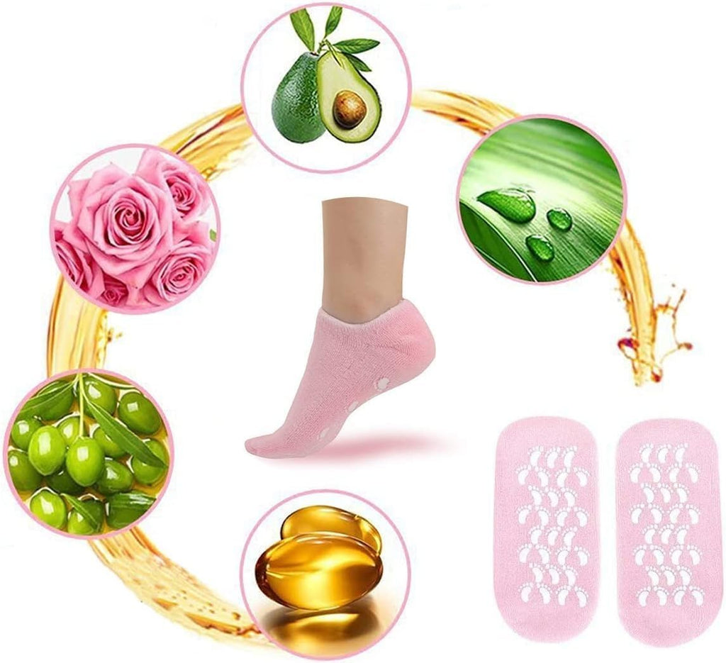 Moisturizing Gel Heel Socks for Dry Cracked Heels with Jojoba Oil Olive Oil Vitamin E One Size Softening Spa Socks Home Foot Care (Pink) - image 8