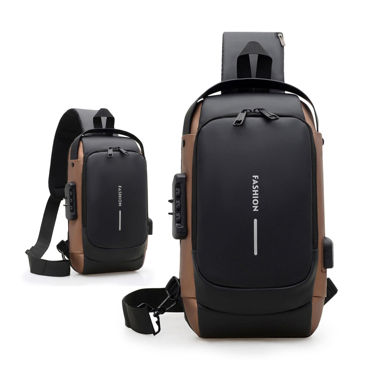 Crossbody Bag for Men and Women, Sling Chest and Shoulder Bag with Combination Lock, USB Access Port, Multiple Pockets, Water-Resistant Exterior for Travel and Daily Use (Black & Brown) - image 1