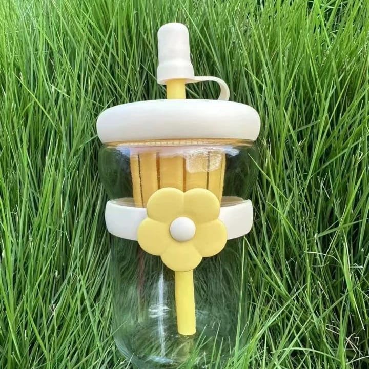 Glass Cup with Straw 500ml, Reusable Drinking Tumbler with Secure Lid, Built-In Strainer and Flower Design for Water, Juice and Milk, GG-2521 (Yellow) - image 7