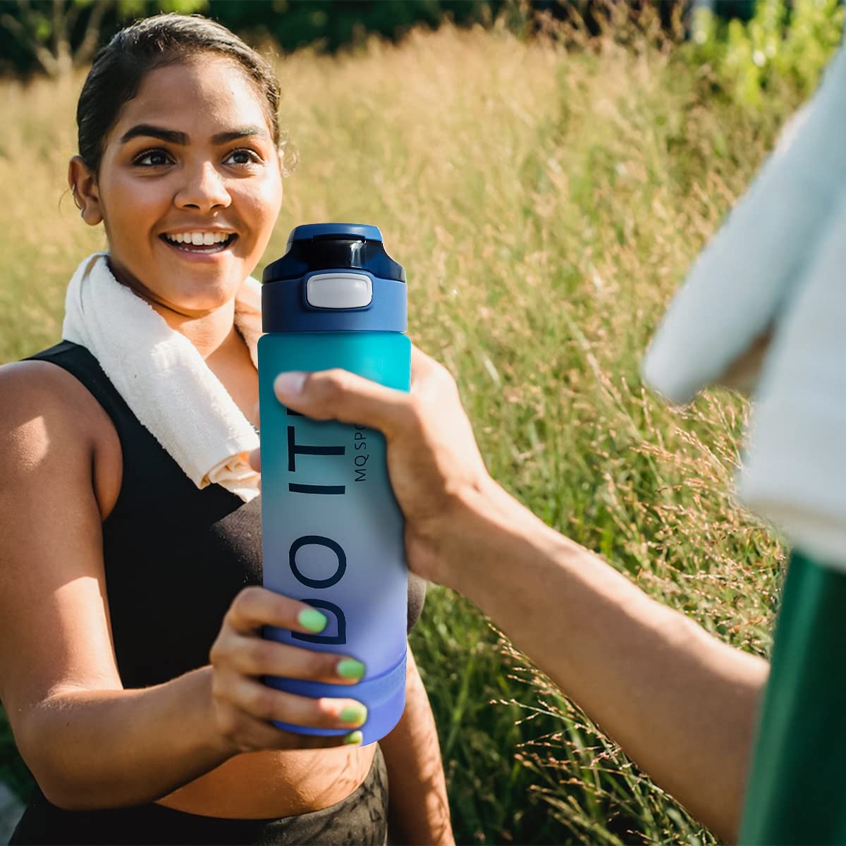 Water Bottle 1 L with Motivational Time Markers, BPA-Free Sports Bottle with Leakproof Flip-Top Lid, Lock and Carry Strap for Gym, School, Office and Travel, Blue - image 7