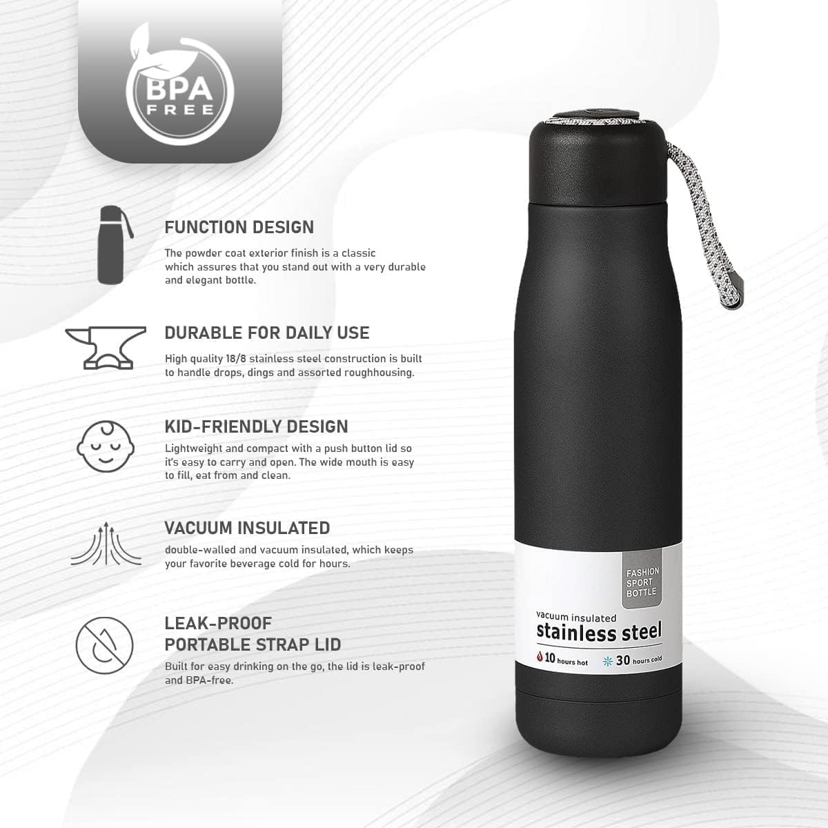 Water Bottle 500ml Stainless Steel Vacuum Insulated Thermal Flask, Double-Wall Leak-Proof Wide-Mouth BPA-Free for Hot Cold Drinks Gym Travel, Black - image 2