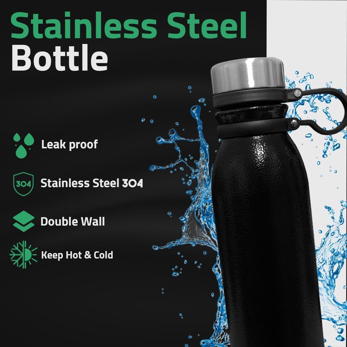 Water Bottle 600ml, Stainless Steel Vacuum Insulated Flask with Double Wall Leak-Resistant Design for Hot and Cold Drinks, Sports, Travel, Office and Gym, Black - image 4