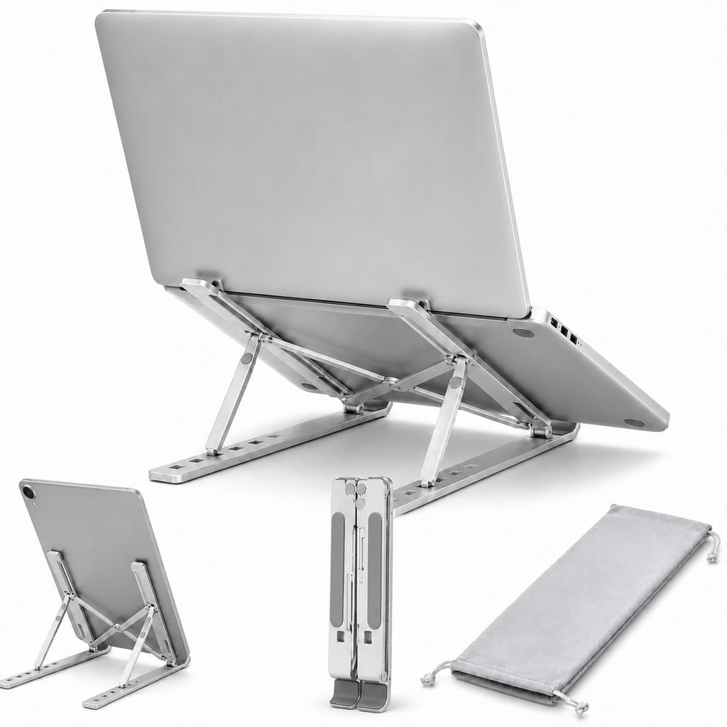 Laptop Stand, Adjustable 7-Angle Foldable Metal Desk Riser for Notebook and Tablet, Portable Computer Holder for Work, Study, Video Calls and Travel, Silver - image 1