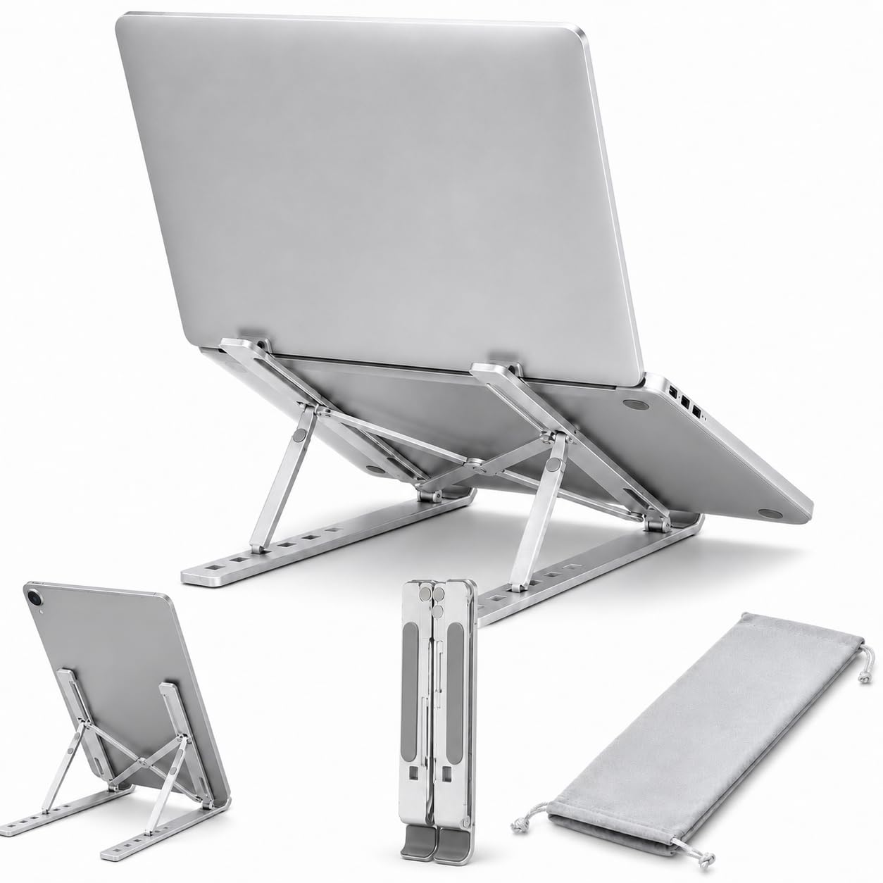 Laptop Stand, Adjustable 7-Angle Foldable Metal Desk Riser for Notebook and Tablet, Portable Computer Holder for Work, Study, Video Calls and Travel, Silver - image 1