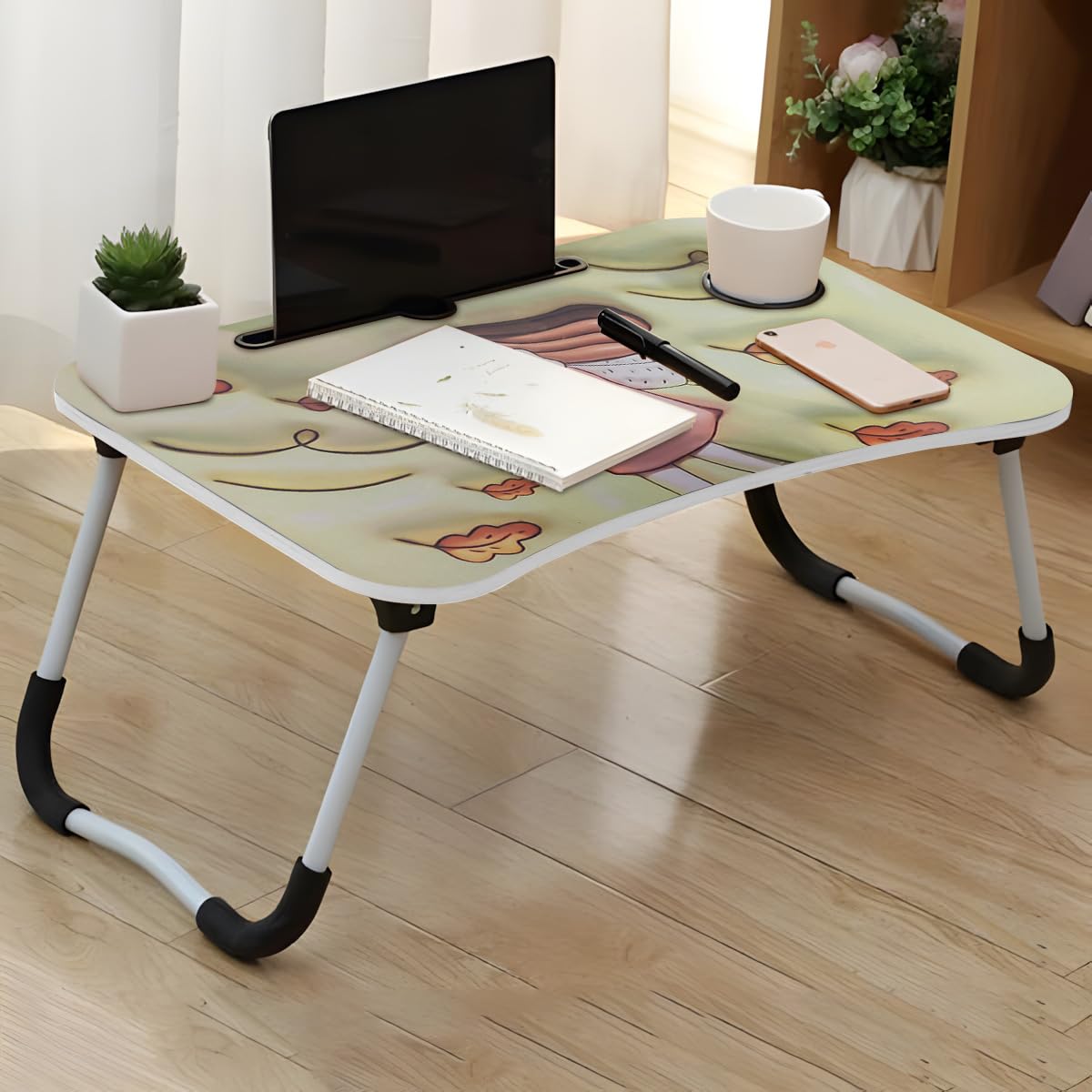 Table For Kids 3D Foldable Wooden Study Desk With Cup & Tablet Holder Bed Laptop Table Multifunctional Portable Kids Desk For Studying Reading Drawing Eating (Beige) - image 6