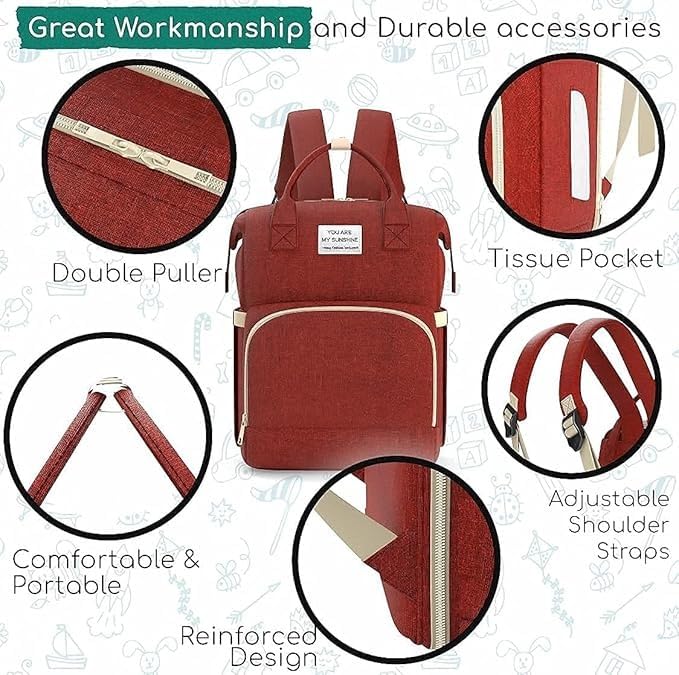 Diaper Bag Backpack with Foldable Baby Bed, Large Capacity Maternity Bag, Waterproof, Insulated Pockets, Changing Pad, Stroller Hooks (Red) - image 2