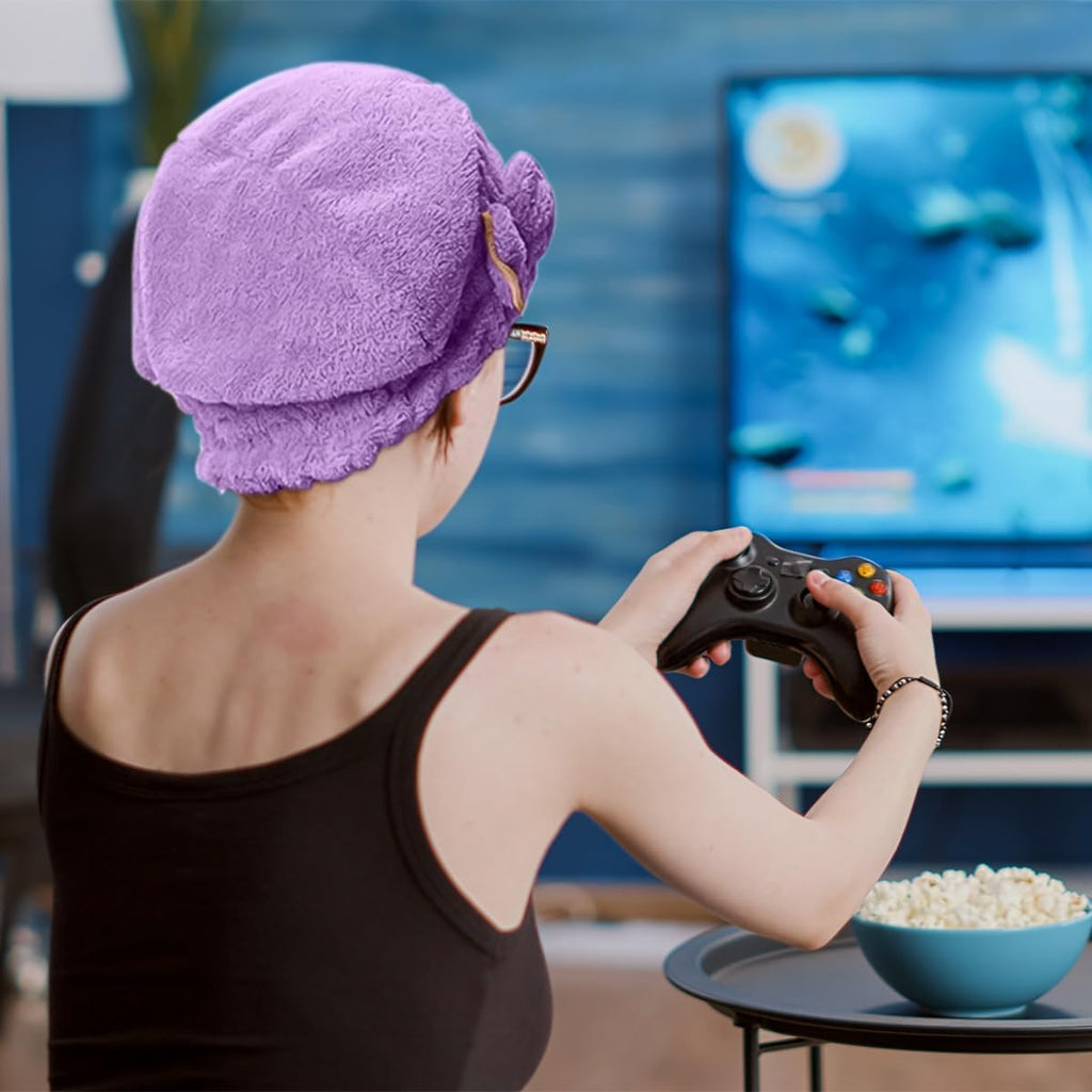 Microfiber Hair Towel Wrap, Quick-Dry Turban Cap for Wet, Curly and Long Hair, Soft Lightweight Absorbent Head Towel (Purple) - image 6