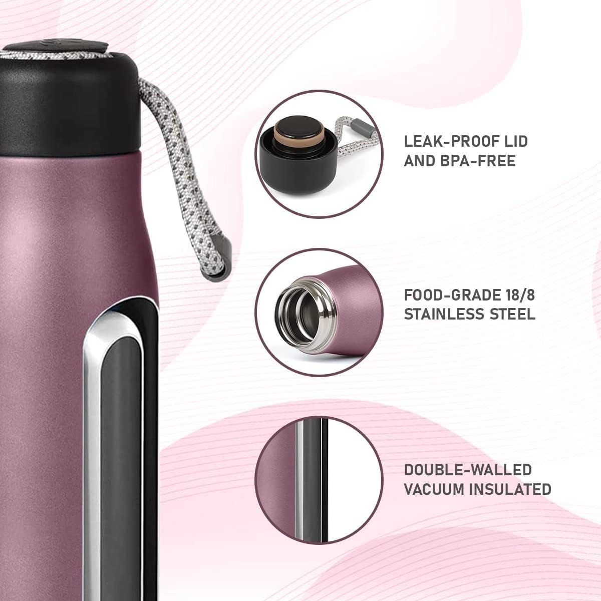 Water Bottle 500ml, Vacuum Insulated Stainless Steel Flask with Leakproof Lid, BPA-Free Double Wall Bottle for Hot and Cold Drinks, Gym, Travel, Office and Daily Use (Pink) - image 4