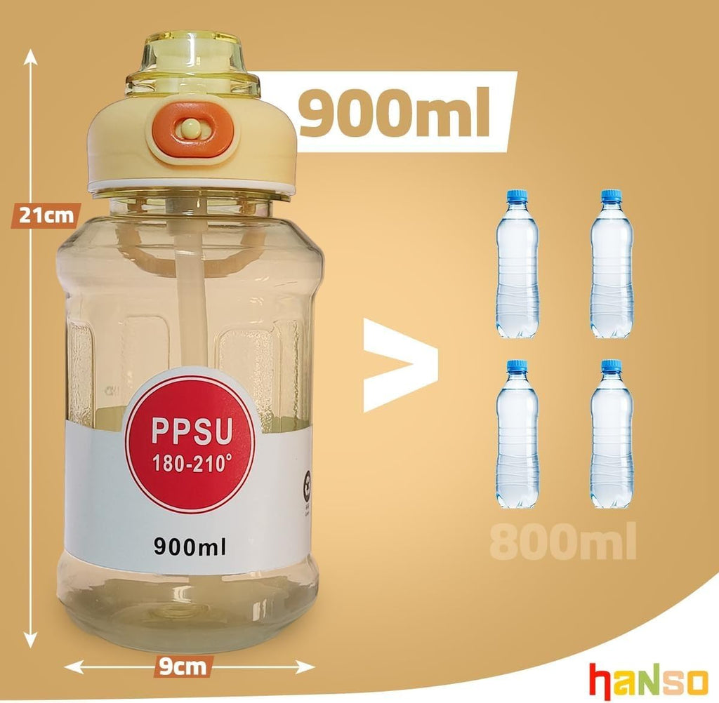 Water Bottle with Straw 900ml, Leak Proof Sports Bottle with Carry Handle, BPA Free Reusable Plastic Drinking Bottle for Gym, School, Travel and Outdoor Use (Yellow) - image 5