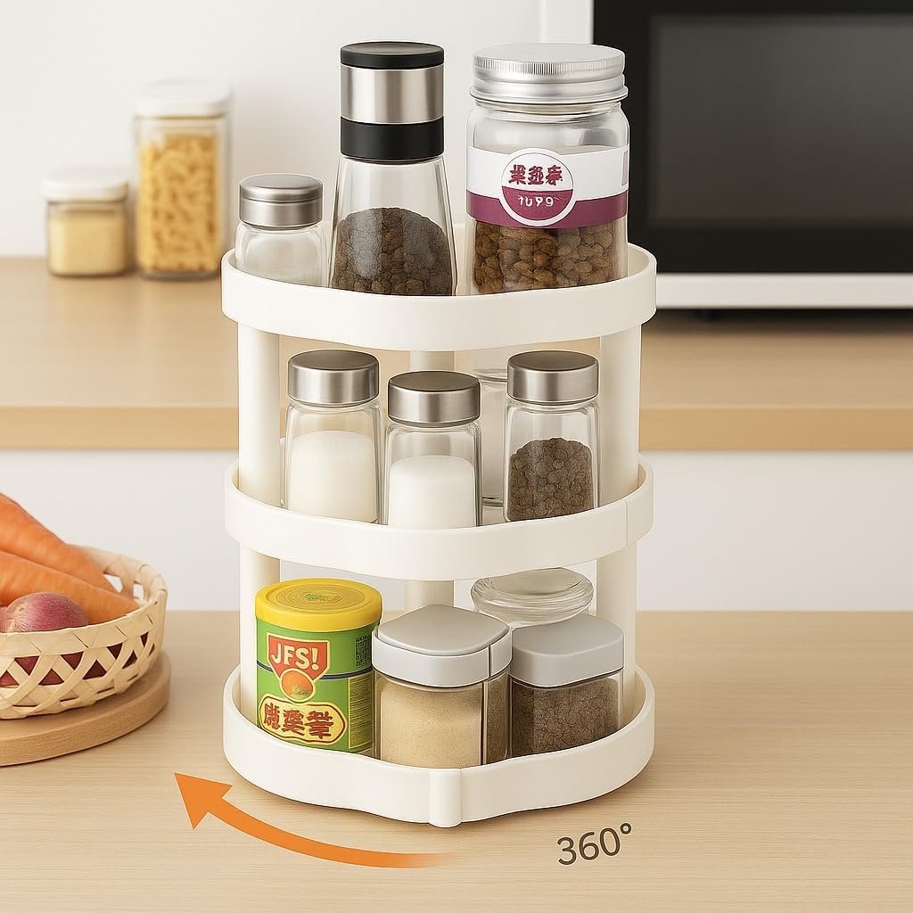 Spice Rack Organizer 3 Tier, 360° Rotating Lazy Susan Turntable, White Plastic Seasoning Holder for Kitchen Countertop, Cabinet and Pantry Storage - image 4