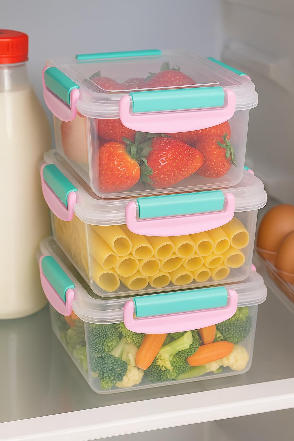 Food Storage Containers Set, 3 Pcs Airtight Plastic Fridge Organizer Boxes, Stackable Square Containers for Vegetables and Fruit, Microwave and Dishwasher Safe (Pink) - image 3