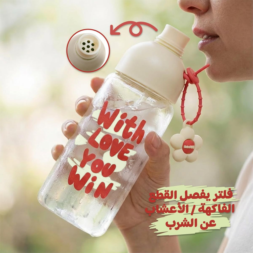 Glass Water Bottle 450ml with Strainer Cup for Herbs, Leak-Proof BPA-Free Easy-Grip Lid for Juice, Milk and Tea, GG-2538 (Red) - image 4