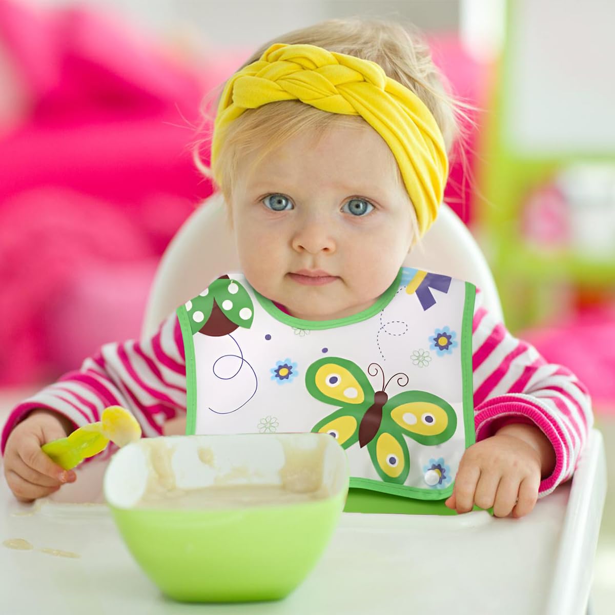 Baby Bib with Silicone Pocket - Cartoon Printed Adjustable Silicone Bibs for Boys & Girls Toddlers & Kids | Feeding Apron & Burp Cloth | Saliva Bandana Bib Butterfly, One Size - image 7