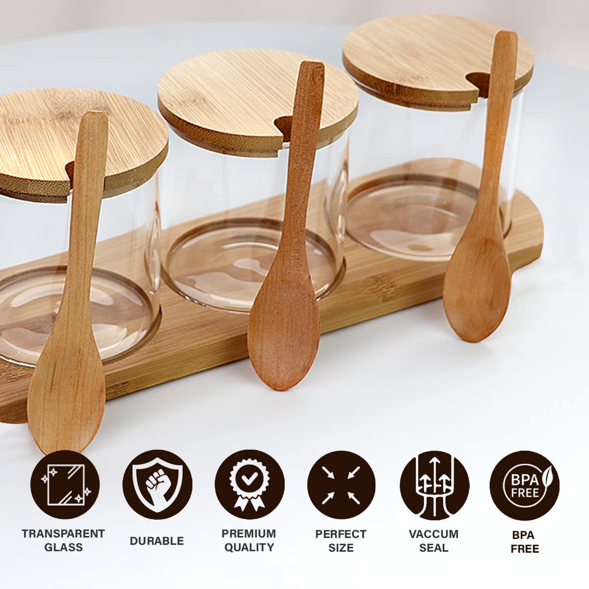 Spice Jar Set of 3, 320ml Glass Seasoning Containers with Bamboo Lids, Spoons and Storage Base for Salt, Sugar, Coffee, Tea and Kitchen Counter - image 2