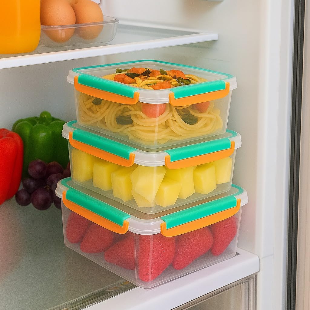 Food Storage Container Set, 3 Pcs Refrigerator Crisper Box with Airtight Seal, Triangle Fridge Organizer for Vegetables and Fruit, Microwave and Dishwasher Safe, Easy to Clean, Food Grade (Orange) - image 5