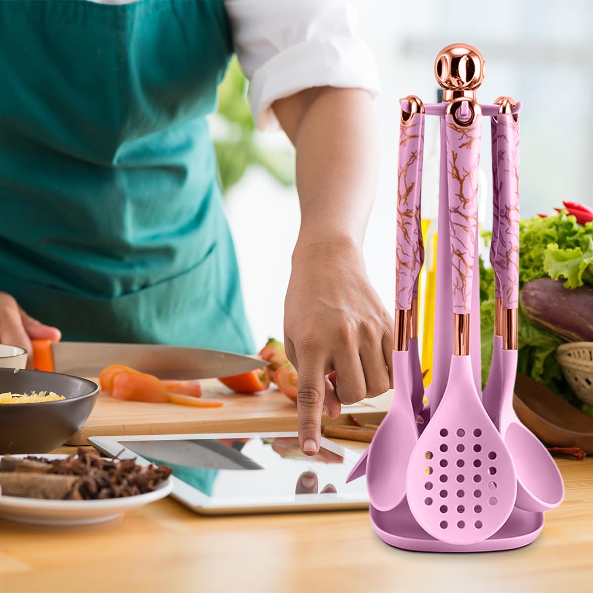 Silicone Cooking Utensils Set 7 Piece Non Stick Heat Resistant Kitchen Tools with Holder for Non Stick Cookware Modern Design (Pink) - image 7