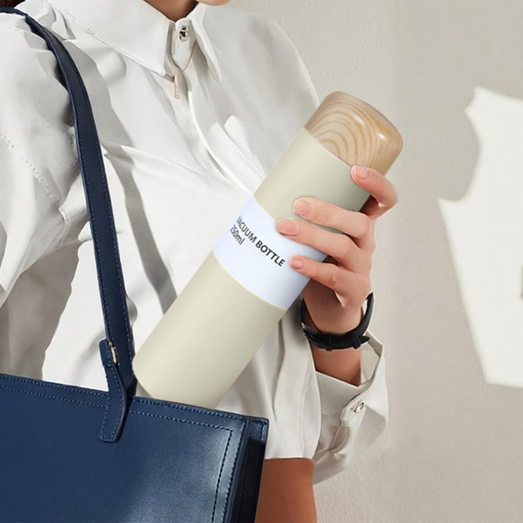 Water Bottle 250ml, Vacuum Insulated Stainless Steel Flask with Slim Pocket Design and Wood-Grain Finish, Leak-Resistant Travel Cup for Work, Commute and Outdoor Use (Creamy White) - image 7