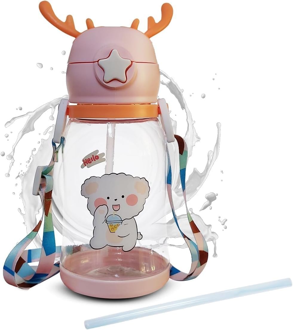 Water Bottle With Straw And Strap 600 ml Leak Proof Bpa Free Plastic Drinking Cup For School Sports Travel Durable Reusable Design (Pink) - image 1