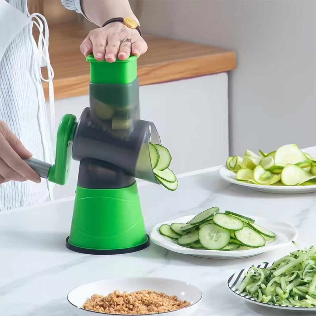 Vegetable Slicer and Rotary Cheese Grater, Manual Hand Crank Drum Cutter with Non-Slip Suction Base for Salad, Fruits and Vegetables, XE-132 (Green) - image 7